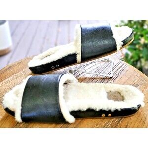 Beek Leather Slides Size 7 Gallito Mas Shearling Black Sandals Slippers Cozy Fur